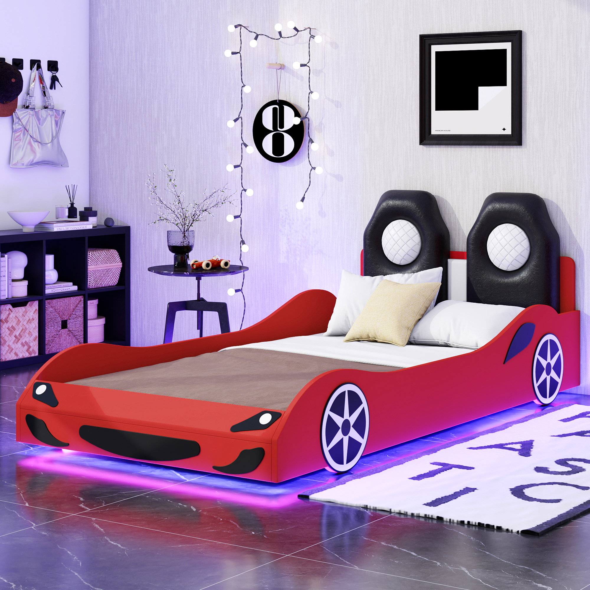Wood Twin Size Race Car-Shaped Platform Bed with LED and Upholstered Backrest