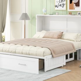 Queen Size Mobile Murphy Bed with Drawer and Little Shelves on Each Side