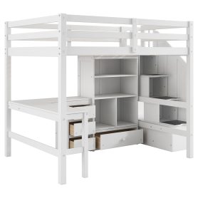Full Size Loft Bed with L-Shaped Desk and Drawers, Cabinet and Storage Staircase