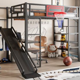 Full Size Metal Loft Bed with Built-in Desk, Open Wardrobe, Basketball hoop, Slide and Staircase