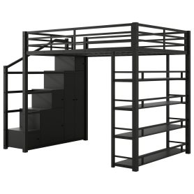 Full Size Metal Loft Bed with Storage Shelves, Cabinets and Wardrobe