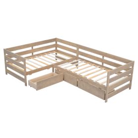 Twin Size L-Shaped Platform Bed With Three Storage Drawers