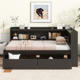 Twin Size L-shaped Bookcases Bed with Power Outlets, USB Charging Ports,Two Drawers