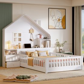 Full Size House Bed With Window, Bedside Drawers, Shelves And A Set Of Sockets And USB Port