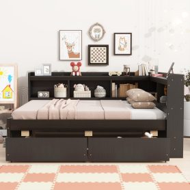Full Size L-Shaped Bookcases Bed With Power Outlets, USB Charging Ports, Two Drawers