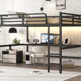 Metal Queen Size Loft Bed With Power Outlet And LED Lighted, Space-saving, Noise Reduced
