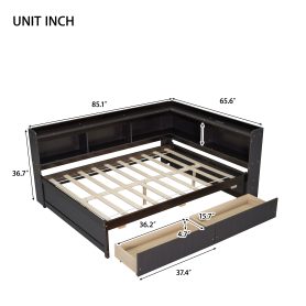Full Size L-Shaped Bookcases Bed With Power Outlets, USB Charging Ports, Two Drawers