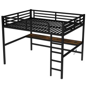 Metal Queen Size Loft Bed With Power Outlet And LED Lighted, Space-saving, Noise Reduced