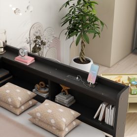 Full Size L-Shaped Bookcases Bed With Power Outlets, USB Charging Ports, Two Drawers