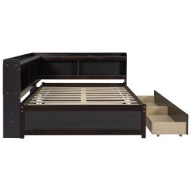 Full Size L-Shaped Bookcases Bed With Power Outlets, USB Charging Ports, Two Drawers