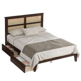 Full Size Platfrom Bed with Rattan Headboard, Two Storage Drawers