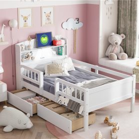 Wood Twin Size Platform Bed With Built-in Led Light, Multi-functional Headboard, Guardrail And 2 Drawers 25 Wood Twin Size Platform Bed With Built-in Led Light, Multi-functional Headboard, Guardrail And 2 Drawers