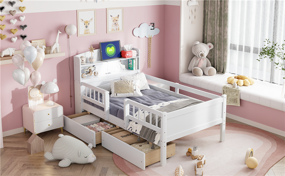 Wood Twin Size Platform Bed With Built-in Led Light, Multi-functional Headboard, Guardrail And 2 Drawers 6 Wood Twin Size Platform Bed With Built-in Led Light, Multi-functional Headboard, Guardrail And 2 Drawers