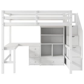 Full Size Loft Bed with L-Shaped Desk and Drawers, Cabinet and Storage Staircase