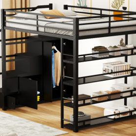 Full Size Metal Loft Bed with Storage Shelves, Cabinets and Wardrobe