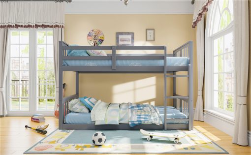 Solid Wood Low Twin Over Twin Bunk Bed with Ladder