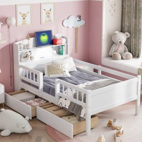 Wood Twin Size Platform Bed With Built-in Led Light, Multi-functional Headboard, Guardrail And 2 Drawers 24 Wood Twin Size Platform Bed With Built-in Led Light, Multi-functional Headboard, Guardrail And 2 Drawers