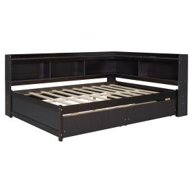Full Size L-Shaped Bookcases Bed With Power Outlets, USB Charging Ports, Two Drawers