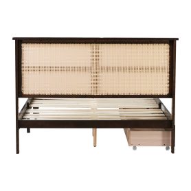 Full Size Platfrom Bed with Rattan Headboard, Two Storage Drawers