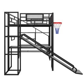 Full Size Metal Loft Bed with Built-in Desk, Open Wardrobe, Basketball hoop, Slide and Staircase