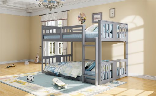 Solid Wood Low Twin Over Twin Bunk Bed with Ladder
