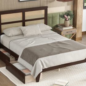Full Size Platfrom Bed with Rattan Headboard, Two Storage Drawers