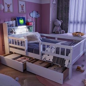 Wood Twin Size Platform Bed With Built-in Led Light, Multi-functional Headboard, Guardrail And 2 Drawers 29 Wood Twin Size Platform Bed With Built-in Led Light, Multi-functional Headboard, Guardrail And 2 Drawers