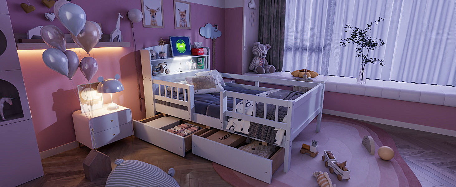 Wood Twin Size Platform Bed With Built-in Led Light, Multi-functional Headboard, Guardrail And 2 Drawers 10 Wood Twin Size Platform Bed With Built-in Led Light, Multi-functional Headboard, Guardrail And 2 Drawers
