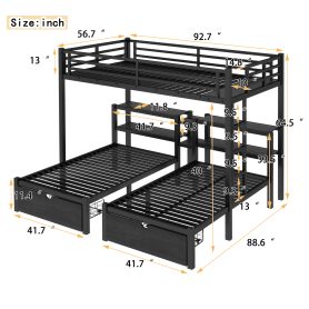 Full Xl Over Twin & Twin Triple Bunk Bed With Drawers, Shelving & USB