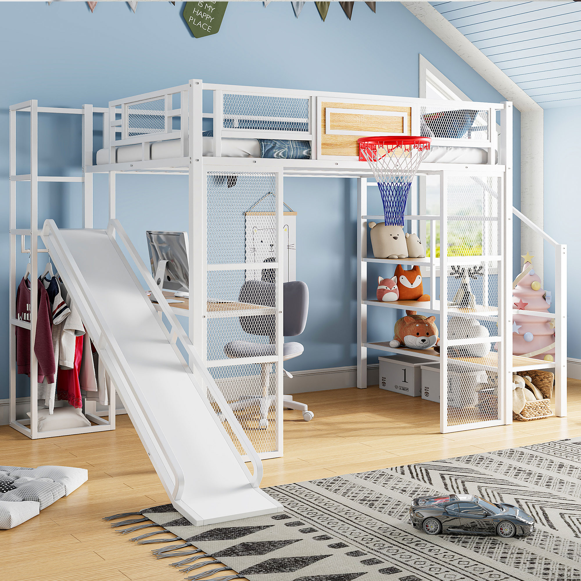 Full Size Metal Loft Bed with Built-in Desk, Open Wardrobe, Basketball hoop, Slide and Staircase