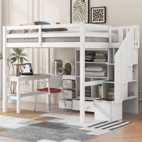 Full Size Loft Bed with L-Shaped Desk and Drawers, Cabinet and Storage Staircase