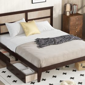 King Size Platfrom Bed with Rattan Headboard, Two Storage Drawers