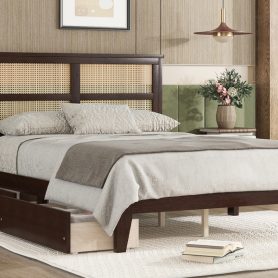 Full Size Platfrom Bed with Rattan Headboard, Two Storage Drawers