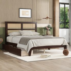 Full Size Platfrom Bed with Rattan Headboard, Two Storage Drawers