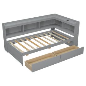 Twin Size L-Shaped Bookcases Bed with Power Outlets, USB Charging Ports, Two Drawers 53 Twin Size L-Shaped Bookcases Bed with Power Outlets, USB Charging Ports, Two Drawers