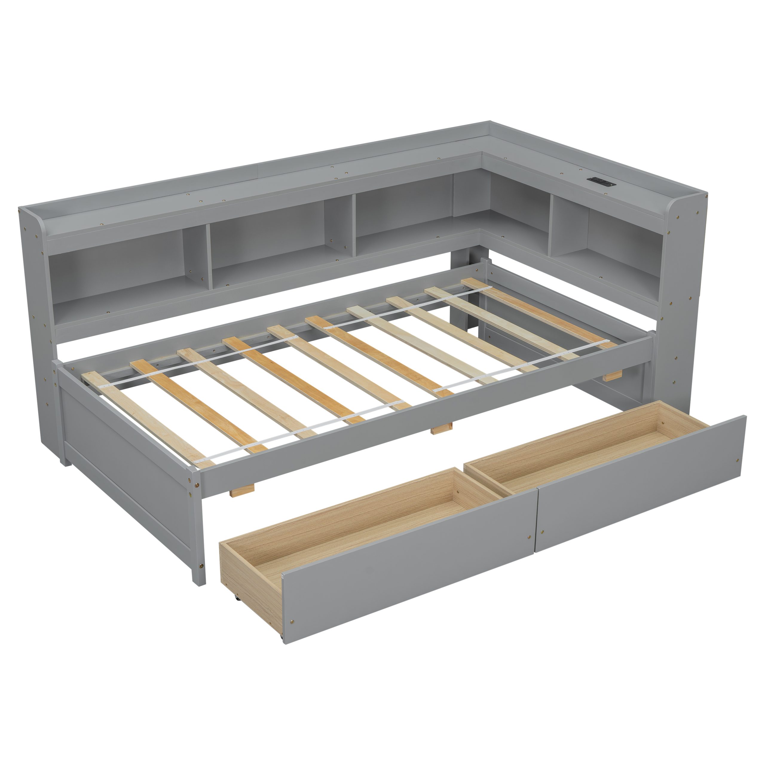 Twin Size L-Shaped Bookcases Bed with Power Outlets, USB Charging Ports, Two Drawers 26 Twin Size L-Shaped Bookcases Bed with Power Outlets, USB Charging Ports, Two Drawers