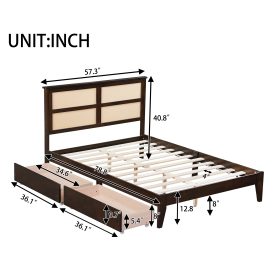 Full Size Platfrom Bed with Rattan Headboard, Two Storage Drawers