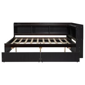 Full Size L-Shaped Bookcases Bed With Power Outlets, USB Charging Ports, Two Drawers