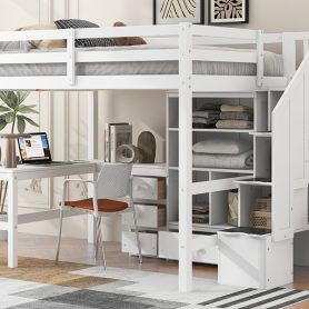 Full Size Loft Bed with L-Shaped Desk and Drawers, Cabinet and Storage Staircase