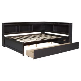 Full Size L-Shaped Bookcases Bed With Power Outlets, USB Charging Ports, Two Drawers