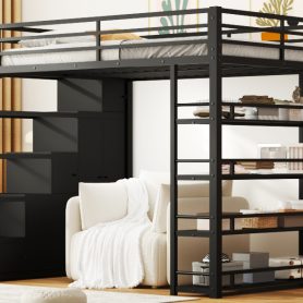 Full Size Metal Loft Bed with Storage Shelves, Cabinets and Wardrobe