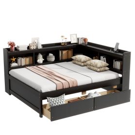 Full Size L-Shaped Bookcases Bed With Power Outlets, USB Charging Ports, Two Drawers
