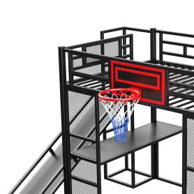 Full Size Metal Loft Bed with Built-in Desk, Open Wardrobe, Basketball hoop, Slide and Staircase