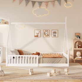 Twin Size Wood House Bed with Fence