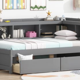 Twin Size L-Shaped Bookcases Bed with Power Outlets, USB Charging Ports, Two Drawers 50 Twin Size L-Shaped Bookcases Bed with Power Outlets, USB Charging Ports, Two Drawers
