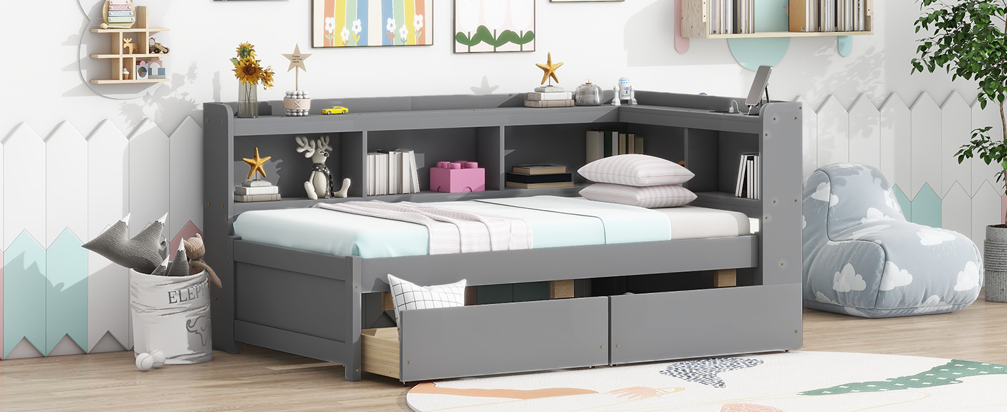 Twin Size L-Shaped Bookcases Bed with Power Outlets, USB Charging Ports, Two Drawers 23 Twin Size L-Shaped Bookcases Bed with Power Outlets, USB Charging Ports, Two Drawers