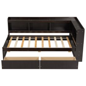 Twin Size L-shaped Bookcases Bed with Power Outlets, USB Charging Ports,Two Drawers