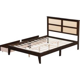 Full Size Platfrom Bed with Rattan Headboard, Two Storage Drawers