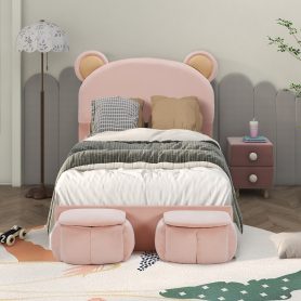 Twin Size Upholstered Platform Bed Frame with Cartoon Bear Ears