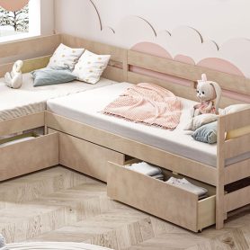 Twin Size L-Shaped Platform Bed With Three Storage Drawers